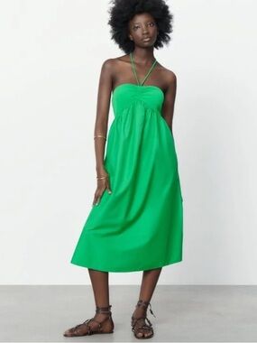 Zara Green Halter Dress With Pockets Preppy Resort Vacation Cotton Sz S